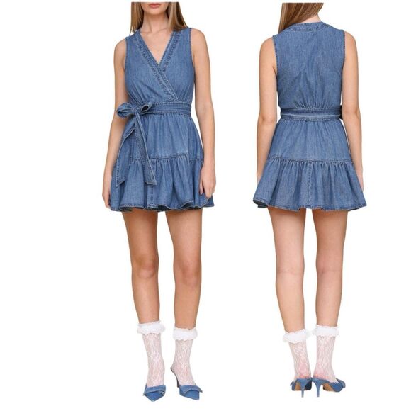 NWT Avec Les Filles  tie waist denim mini dress Size 8 - Picture 1 of 11